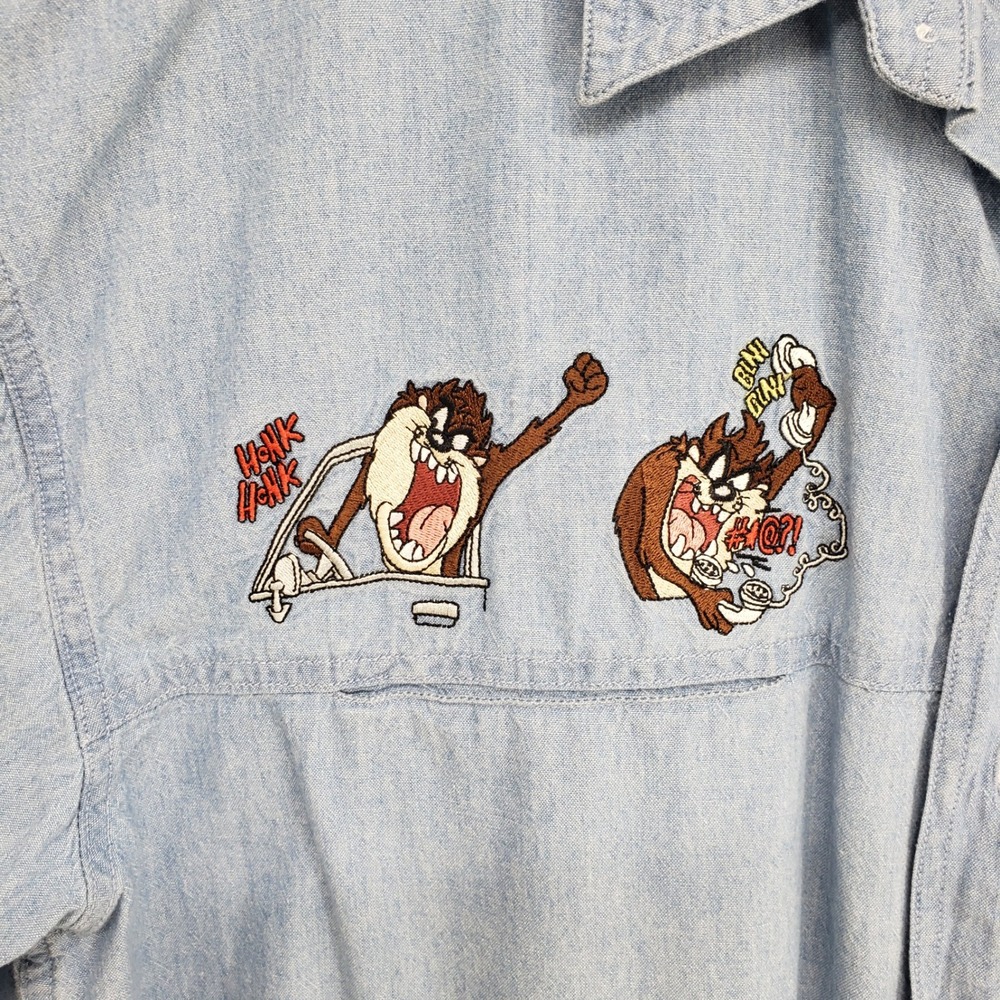 Vintage Warner Bros. Taz Tasmanian Devil Button Down Shirt Mens Large Blue Denim - Picture 6 of 10